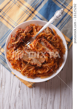 Braised cabbage with pork ribs vertical top view 18125292