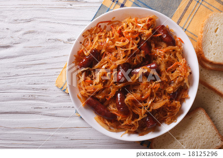 stewed cabbage with sausages horizontal top view stewed cabbage with sausages horizontal top view 18125296