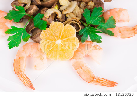 Shrimp salad with mushrooms close up. Shrimp salad with mushrooms close up. 18126326
