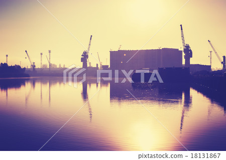 Vintage toned harbor at sunset, Szczecin in Poland 18131867