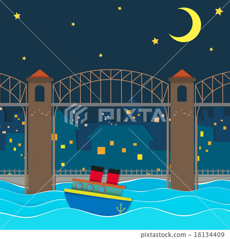 Boat floating under the bridge at night Boat floating under the bridge at night 18134409
