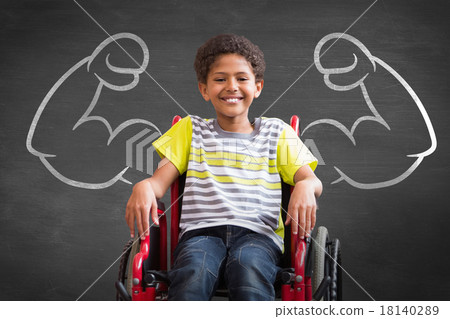 Composite image of cute disabled pupil smiling at camera in hall Composite image of cute disabled pupil smiling at camera in hall 18140289