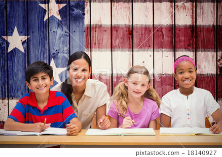 Composite image of pretty teacher helping pupils in library Composite image of pretty teacher helping pupils in library 18140927