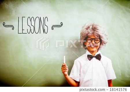 Lessons against boy dressed as senior teacher in front of blackb Lessons against boy dressed as senior teacher in front of blackb 18141576
