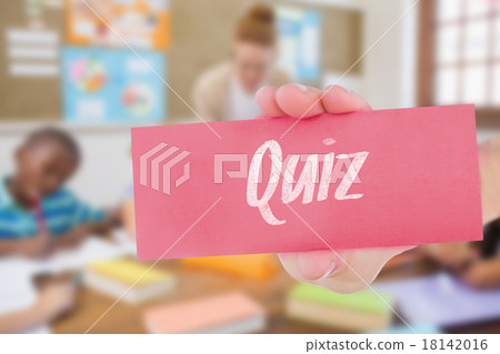 Quiz against pretty teacher helping pupils in classroom 18142016