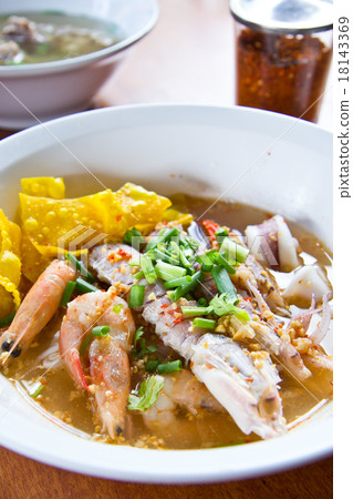 Fresh mantis shrimp and seafood with Tom Yum noodl 18143369