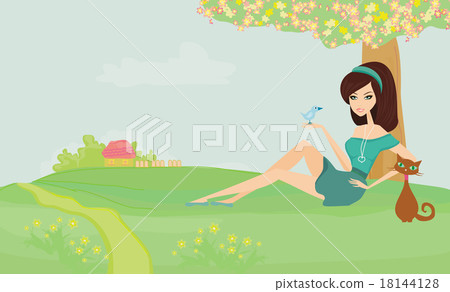 Beautiful girl and her cat on rural landscape 18144128