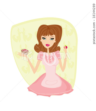 Stock Illustration: Beautiful lady cooking cakes