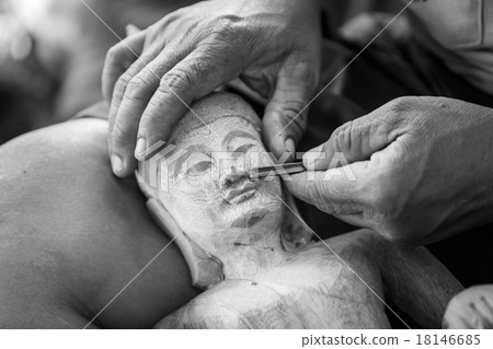 Hand of carver carving wood in blackand white color tone 18146685