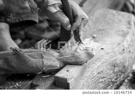 Hand of carver carving wood in blackand white color tone 18146734