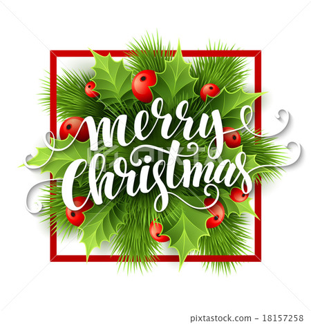 Merry Christmas lettering card with holly. Vector 18157258