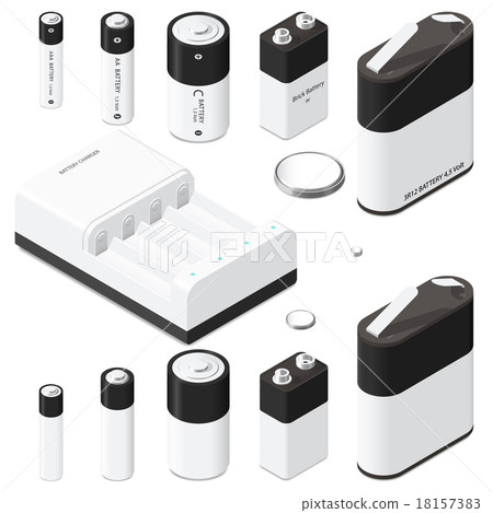 Battery and battery charger isometric icon set Battery and battery charger isometric icon set 18157383