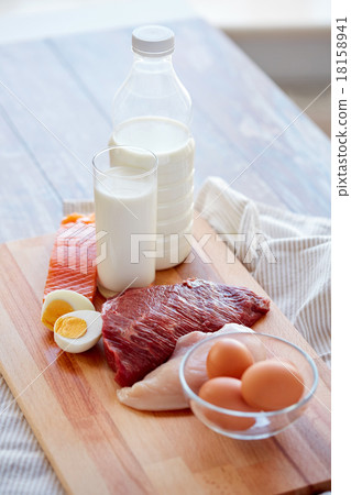 close up of natural protein food on wooden table close up of natural protein food on wooden table 18158941