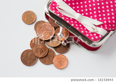 close up of euro coins and wallet from top close up of euro coins and wallet from top 18158943
