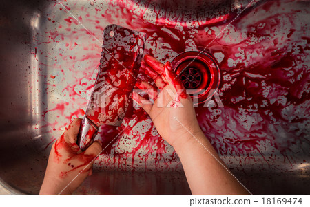 Hand hold bloody knife in a steel shell for halloween 18169474