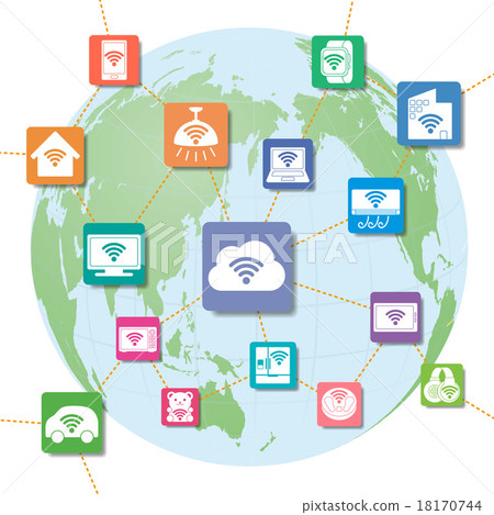 Icons of various wireless communication devices and the earth 18170744