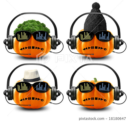 Pumpkin with headphones and in hats, Halloween Pumpkin with headphones and in hats, Halloween 18180647
