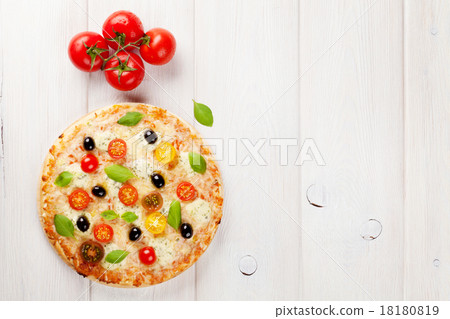 Stock Photo: Italian pizza with cheese, tomatoes, olives