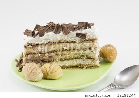 Chestnut cake slice on a green plate 18181244