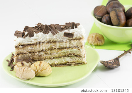 Chestnut cake slice on a green plate 18181245