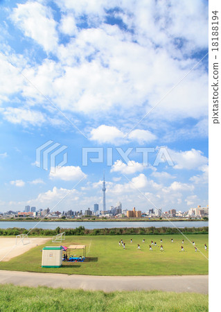 View of the Kine River Bridge Stadium and the Tokyo Sky Tree from the Arakawa Riverbed 18188194