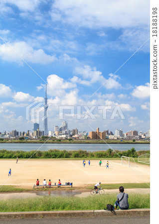 從荒川河床看Kine河橋體育場和東京天空樹 從荒川河床看Kine河橋體育場和東京天空樹 18188198
