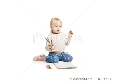 Little cute girl sitting on floor and drawing with Little cute girl sitting on floor and drawing with 18191625