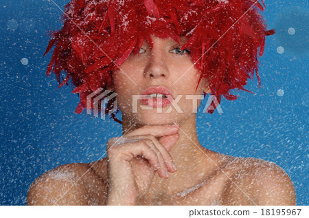 beautiful woman in red wig, with snow 18195967