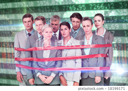 Composite image of upset business team fastened with adhesive ta 18199171