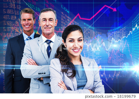 Composite image of happy business team standing in a line Composite image of happy business team standing in a line 18199679