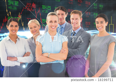 Composite image of business team smiling at camera Composite image of business team smiling at camera 18199711