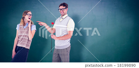 Composite image of geeky hipster holding rose and pointing his g Composite image of geeky hipster holding rose and pointing his g 18199890