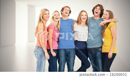 Composite image of full length of a group laughing together and 18200031