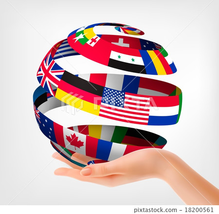 Flags of the world on a globe, held in hand.  18200561