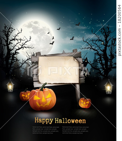Scary Halloween background with a wooden sign. Scary Halloween background with a wooden sign. 18200564