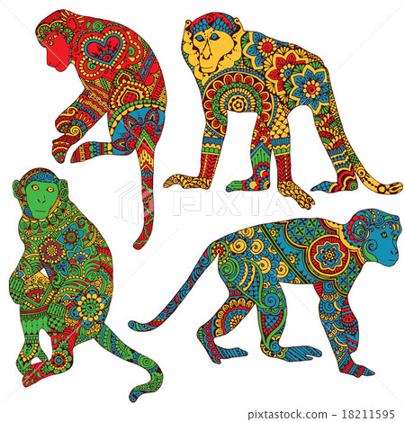 Four brightly colored monkey decorated with Indian Four brightly colored monkey decorated with Indian 18211595