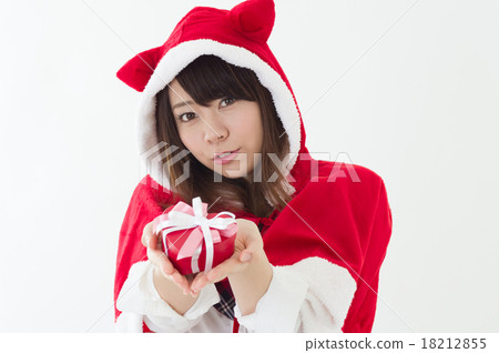 Female high school student student event image wearing Christmas costume and giving gifts 18212855