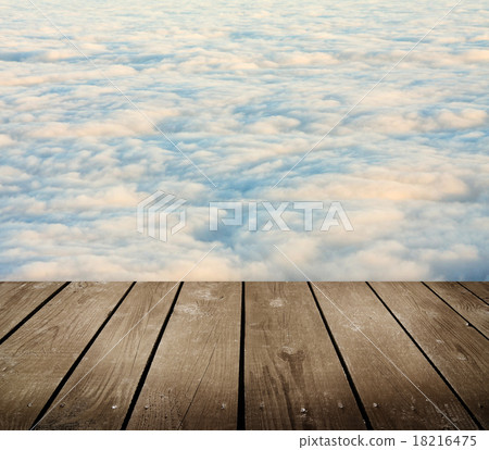 empty wooden deck table with clouds. empty wooden deck table with clouds. 18216475