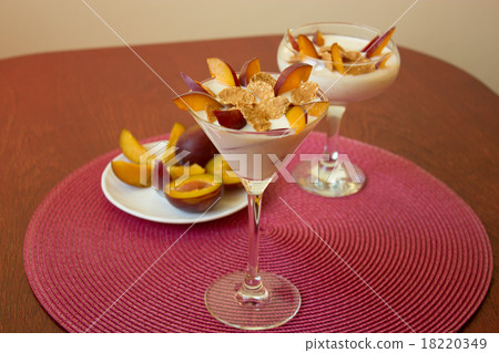 yogurt dessert with plums and wheat flakes.  18220349