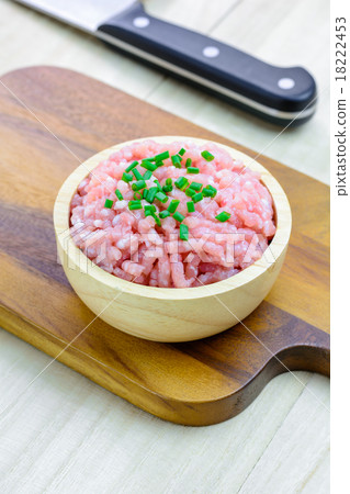 Minced pork in a bowl on the chopping block Minced pork in a bowl on the chopping block 18222453