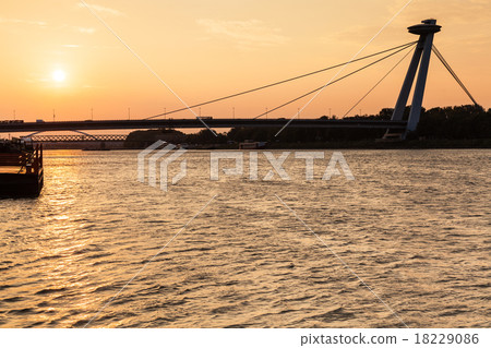 SNP bridge across Danube river at yellow dawn SNP bridge across Danube river at yellow dawn 18229086