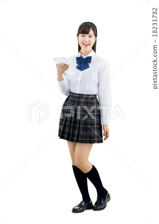 Whole body pose of white back of female student in uniform Whole body pose of white back of female student in uniform 18231782