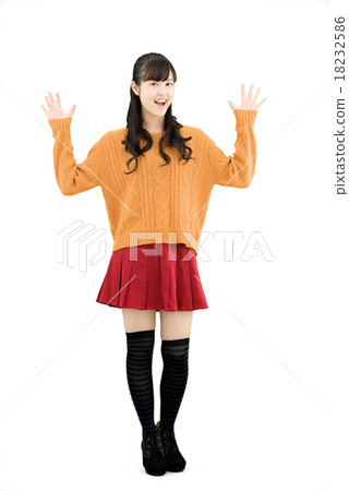 Whole body white back pose of a young lady standing wearing a sweater Whole body white back pose of a young lady standing wearing a sweater 18232586