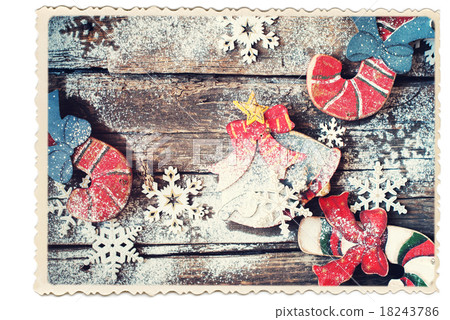 Retro Card. Christmas Fir Tree Toys on Wooden Desk Retro Card. Christmas Fir Tree Toys on Wooden Desk 18243786