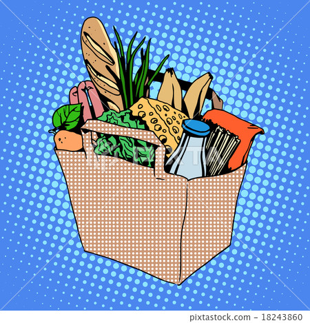 Grocery bag full of food cheese milk bread fruit 18243860