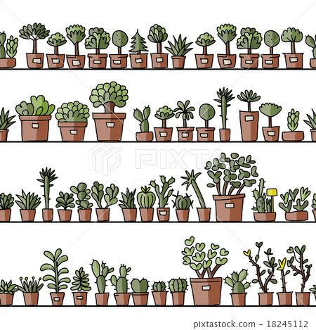 Shelves with cactus in pots, seamless pattern Shelves with cactus in pots, seamless pattern 18245112