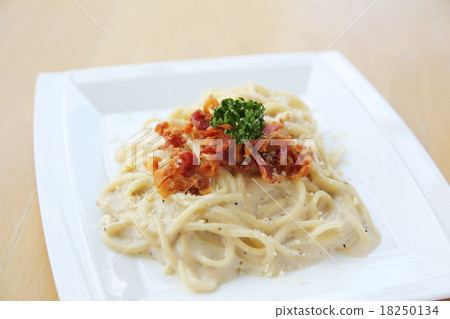 Spaghetti Carbonara with bacon and cheese 18250134