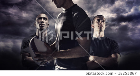 Composite image of calm rugby player thinking while holding ball Composite image of calm rugby player thinking while holding ball 18253867