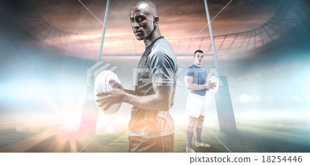 Composite image of rugby player holding rugby ball 18254446