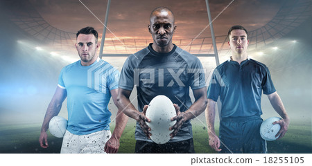 Composite image of rugby player holding a rugby ball 18255105
